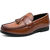 NELSBREX Men's Leather Tassel Decorated Low Heel Formal Loafers Retro Round Toe Printed Non-Slip Slip-On Business Flat Moccasin Shoes