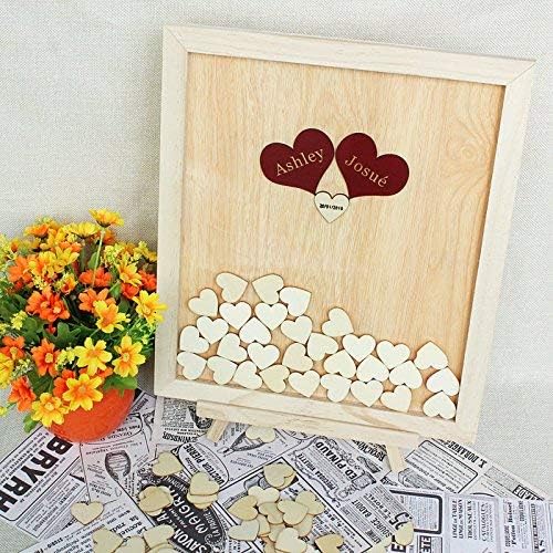 Dark Red Name Wedding Guest Book Alternative Drop Top Wooden Frame Custom Name Guestbook Wedding Gifts Wedding Favors 30 x 35cm with 120 Hearts