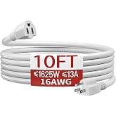 Skrizcable 16/3 Short Extension Cord 10 FT, White Extension Cord Indoor | White 10FT 3 Prong Power Cable, Suitable for Home and Office, 13 Amp 1625 Watt 125VAC 16AWG, ETL Listed