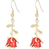 ANGLEQUEEN Gold Rose Earrings for Women - Vintage Dangle Flower Earrings for Valentine's Day - Enamel Drop Jewelry Costume Accessories