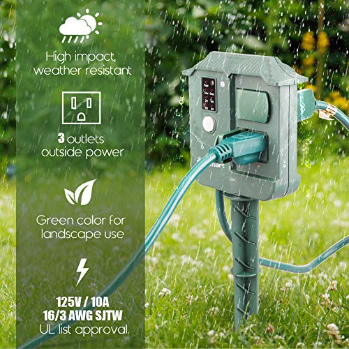 Plusmart Outdoor Yard Stake Timer,Remote Control,Weatherproof with Photocell Light Sensor,6ft Extension Cord with Switch, 3 Waterproof Grounded Outlets with Cover, UL Listed