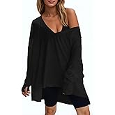 Fisoew Womens Long Sleeve Workout Tops Oversized Activewear Tunic V Neck Atheletic Yoga Shrits with Thumb Holes