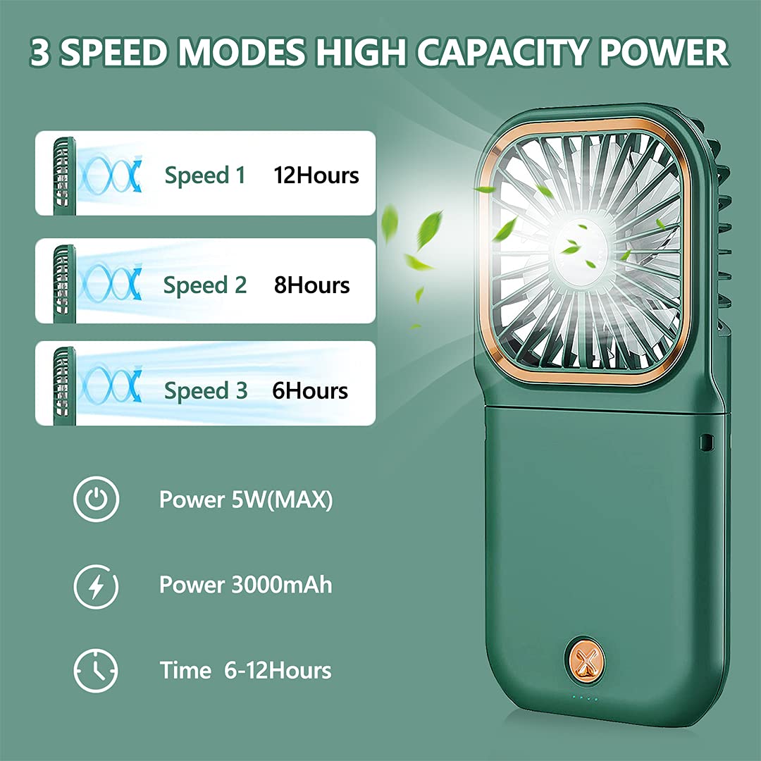 Portable Handheld Personal Necklace Fan Foldable Mini Quiet USB Rechargeable Fan With Mobile phone bracket function, 3000mAh Power Bank Hands Free Necklace Fans (Upgrade Green)