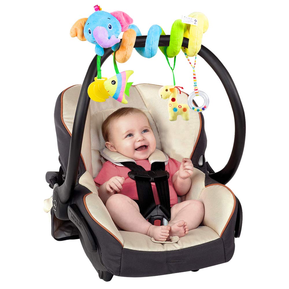 Caterbee Baby Car Seat Toys, Hanging Activity Spiral Plush Stroller Toys with Rattle for boy or Girl (Elephant)