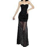 GZIRHTTY Women's Sparkly Glitter Strapless Tube Mesh Maxi Dresses Sexy Long Dress Cocktail Wedding Guest
