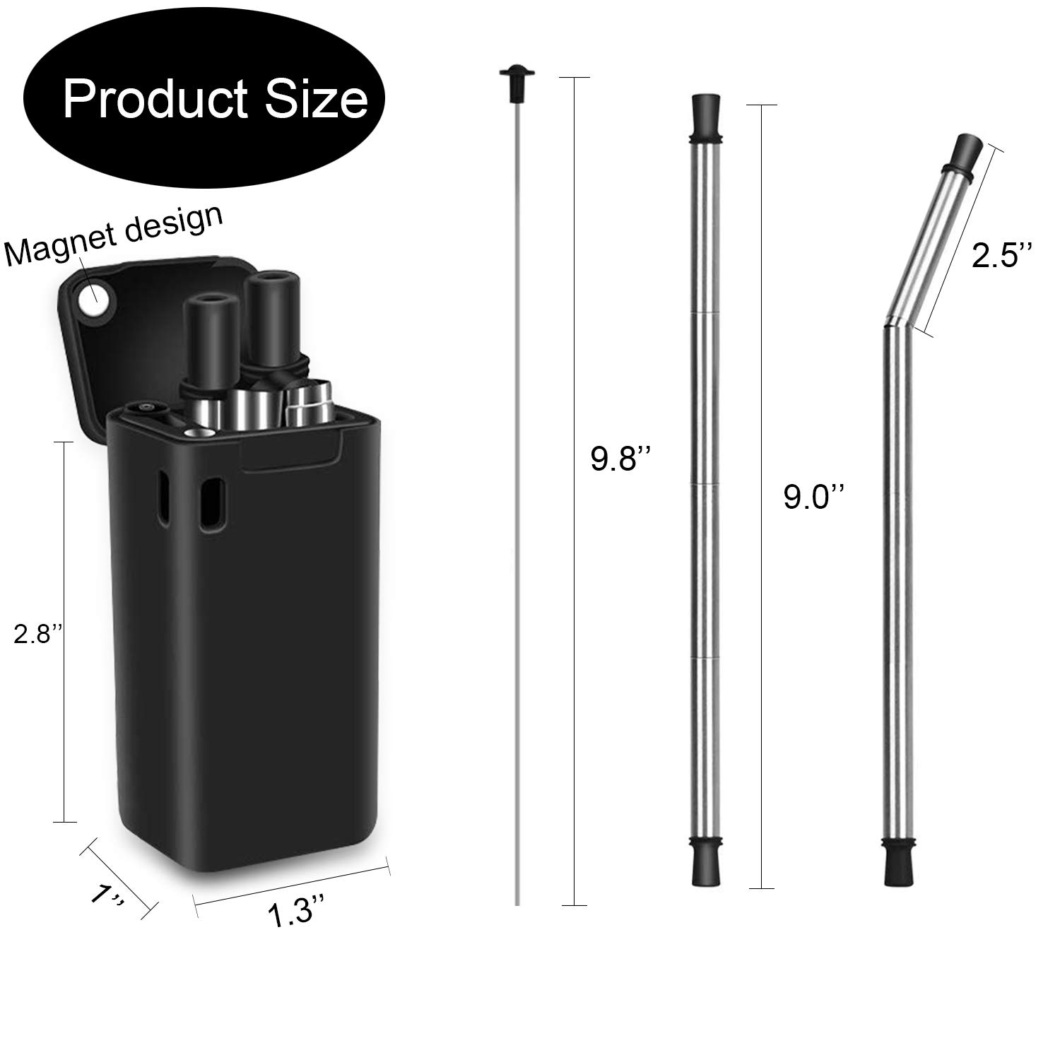 Collapsible Reusable Straws Premium Food-Grade Foldable Silicone Collapsible Straw Stainless Steel Drinking Straws Portable Set with Hard Case Holder and Cleaning Brush