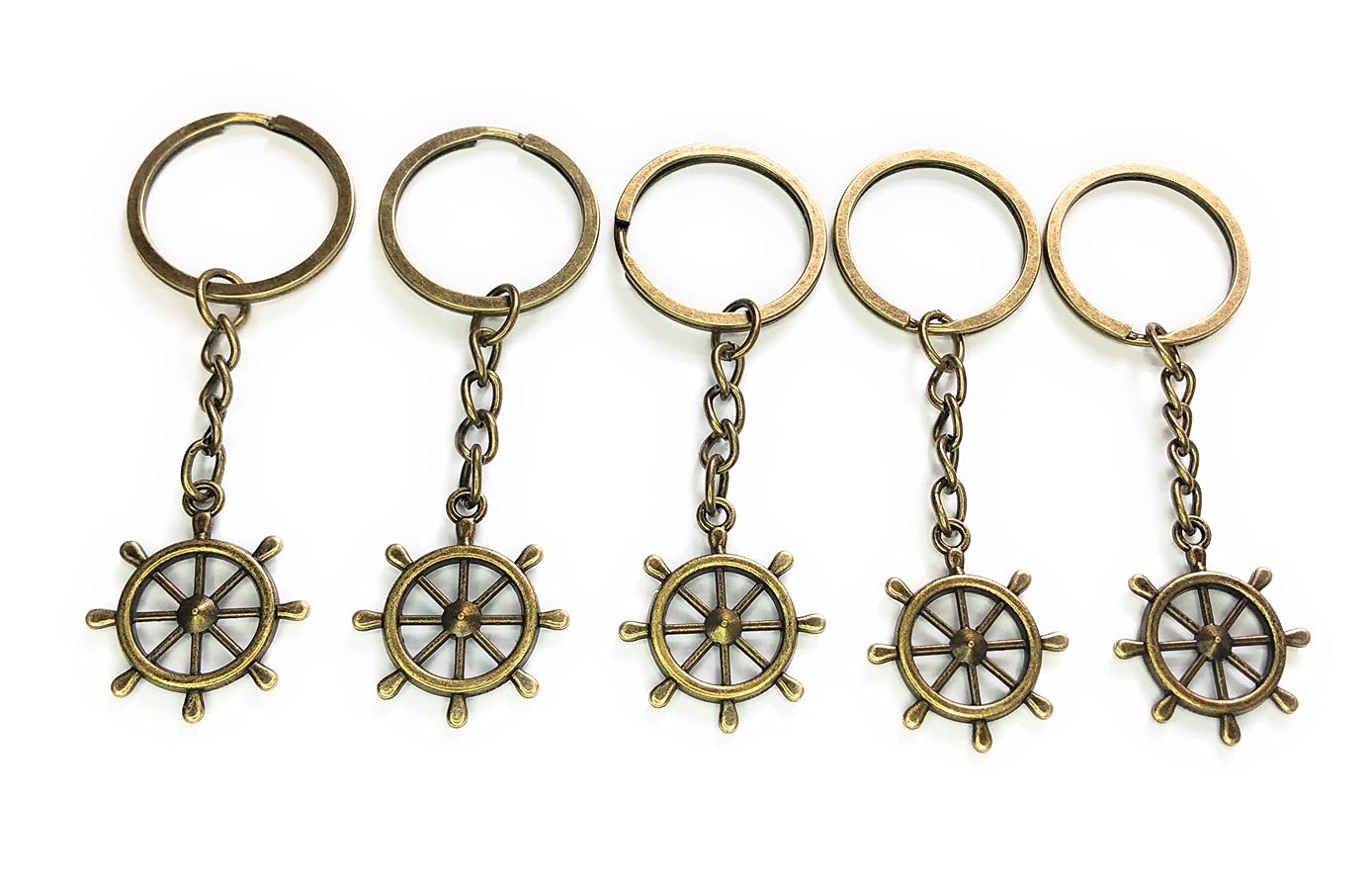 FizzyButton Gifts Set of 5 Ship's Wheel Keyrings Key Ring with Bronze Tone Charm and Keychain