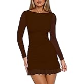 HOCILLE Women's Sexy Bodycon Boat Neck Mini Dresses Mesh Long Sleeve Ruched Ruffle Hem Club Party Short Dress