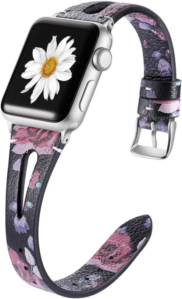 Haveda Leather Bands Compatible with apple watch series 5 44mm band, Breathable Slim Feminine Floral Wristband for iWatch 42mm, Apple Watch Series 4 Series3/2/1, Rose