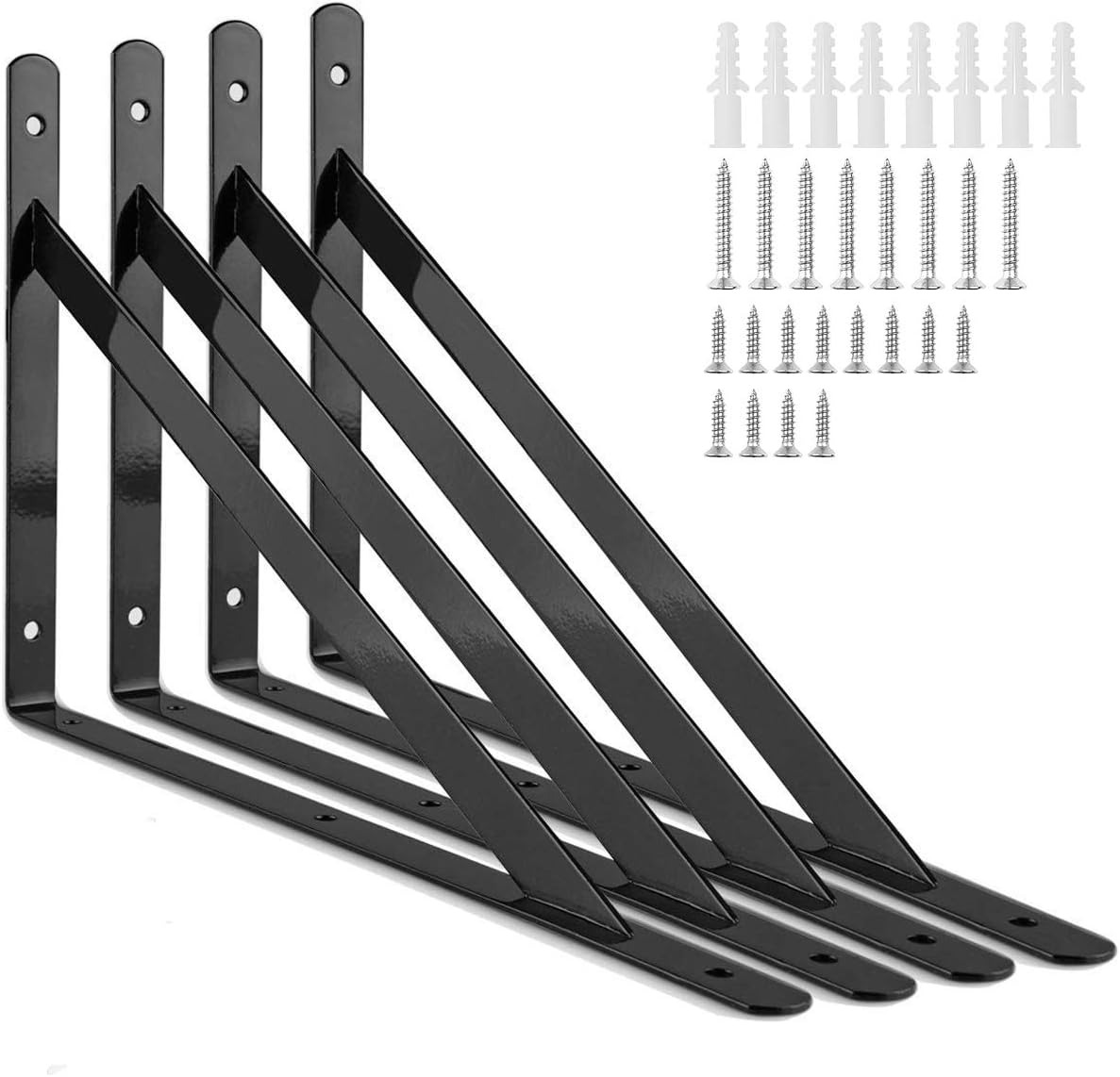 Acrux7 Heavy Duty Shelf Brackets, 11.8 x 7.5 inch Floating Shelves Tripod Triangle Shelf Brackets, 90 Degree Angle Wall Mounted Shelf Supporter Bracket Frame (300 X190, Black)  Decorative Shelf Brackets, Black Floating Shelf Bracket 8 Inch Heavy Duty Hardware Rustic Tree Branch 4 Packs Black Waaliji  4 Pack - L 6" x H 4" x W1.5", 5mm Thick Black L Shelf Bracket, Iron Shelf Brackets, Metal Shelf Bracket, Industrial Shelf Bracket, Modern Shelf Bracket, Decorative Shelving, Shelf Supports with Screws  AWX Heavy Duty Shelf Brackets 12 inches x 8 inches with Screws - 8 Pack Black Metal Shelf Brackets - Shelf Support Angle Brackets for Shelves - L Brackets Heavy Duty Floating Shelf Brackets  LuckIn 12-Pack Heavy Duty Shelf Bracket, 11 Inch Wall Shelf Brackets with 90 Degree Triangle, 250 LBS Max Load, Mounting Hardware Included, Black  Blingstar L Bracket Stainless Steel Corner Brace 16 Pcs 1.57x1.57 Inch Joint Right Angle Bracket 90 Degree Corner Fastener for Wood Furniture Bedframe Cabinet Drawer Chair, with 64 Pcs Screws, Black  6 Pcs Floating Shelf Brackets 6 Inch Heavy Duty Wall Mounted Industrial Metal Shelving Supports with Lip