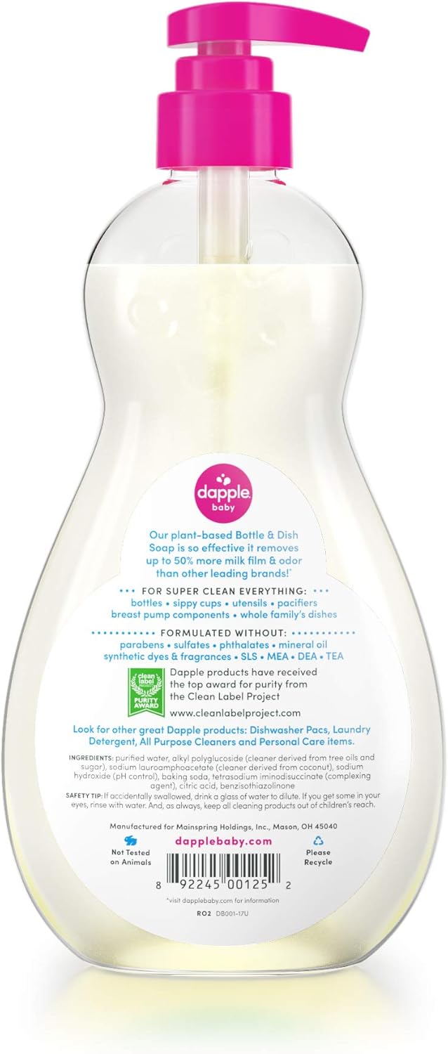 DAPPLE Baby Bottle and Dish Soap, Fragrance Free Dish Liquid, Plant Based, Hypoallergenic, 1 Pump Included, 16.9 Fluid Ounces (Pack of 3) (Packaging May Vary): Health & Personal Care