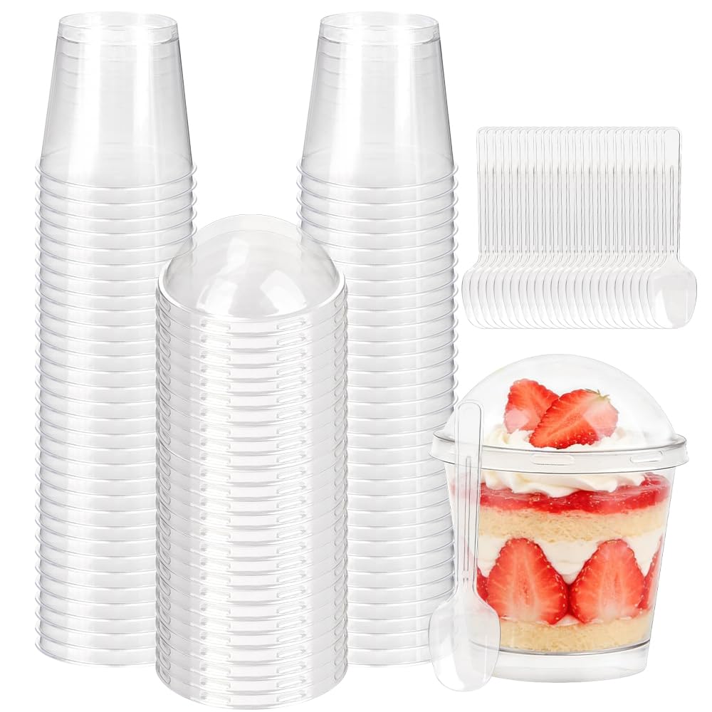 LIUCONGBD 50PCS Plastic Dessert Cups with Lids and Spoons, 7oz/200ml Reusable Round Dessert Bowls, Clear Cheesecake Pots Parfait Appetizer Serving Cup for Yogurt Mousse Pudding Party Supplies