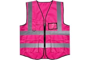 JZK Pink XL safety vest with pockets and zipper, high visibility rvest reflective vest jacket for men, hi vis vest with pocke