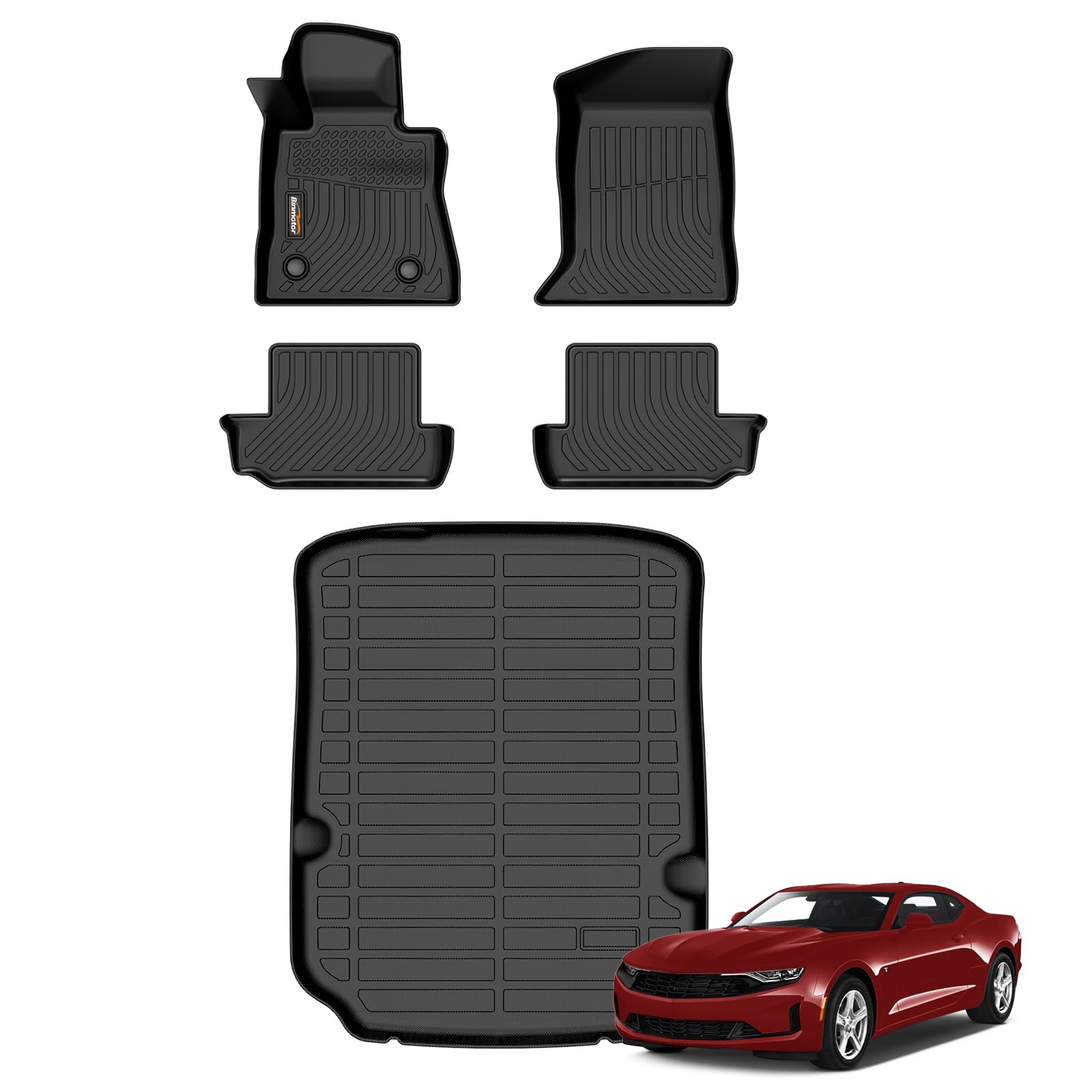 Binmotor-All Weather Car Floor Mats Cargo Liner Set for Chevy Camaro 2016-2024, 2 Rows Floor Mats for Chevy Camaro,Waterproof TPE Rubber Liners for Camaro Trunk Liner Accessories-Black Image Binmotor-All Weather Car Floor Mats Cargo Liner Set for Chevy Camaro 2016-2024, 2 Rows Floor Mats for Chevy Camaro,Waterproof TPE Rubber Liners for Camaro Trunk Liner Accessories-Black Image