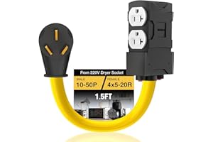 HUBRV Power Cord Adapter, 240V to 120V, 50 Amp to 20 Amp, 110 Adapter, 3 Prong Dryer, NEMA 10-50 to 4X 5-15R/5-20R T-Blade, Multiple Use, ETL Listed, 1.5 FT, Yellow, Household Outlet