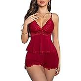 Crexomi Women's Sexy Pajama Set Lace V Neck Camisole Lingerie Nightwear Cami PJ Sets with Elastic Waist Slit Shorts
