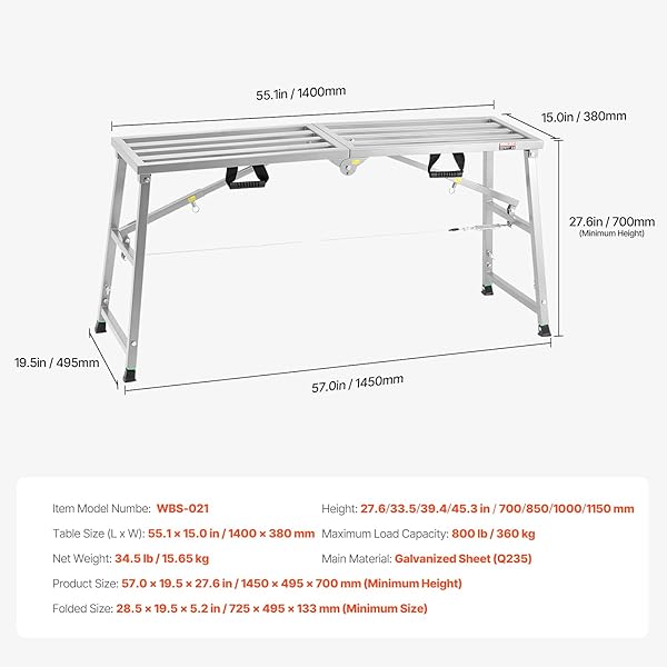 VEVOR WORK PLATFORM, 55″X 15″ PORTABLE SCAFFOLDING PLATFORM, FOLDING STEEL STEP LADDER ADJUSTABLE HEIGHT 27.5”-45.3”, 800 LBS LOAD CAPACITY, NON-SLIP DRYWALL PAINTING STOOL FOR CLEANING &WASHING