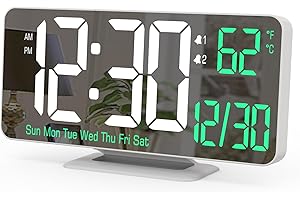 KOSUMOSU Alarm Clock for Bedroom, 6.7" Led Desk Digital Clock,Mirror Clock,Dual Alarm Clock for Living Room with Seconds,Date,Week,12/24h,Dimming,Temp
