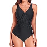 Smismivo Tummy Control Swimsuits for Women Slimming One Piece Bathing Suit Push Up Ruched V Neck Full Coverage Swimwear