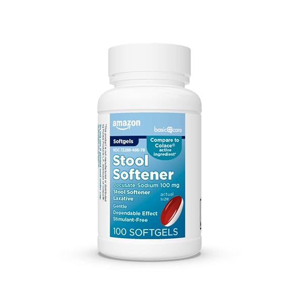 AMAZON BASIC CARE STOOL SOFTENER LAXATIVE, DOCUSATE SODIUM 100 MG, SOFTGELS, FOR CONSTIPATION RELIEF, 100 COUNT