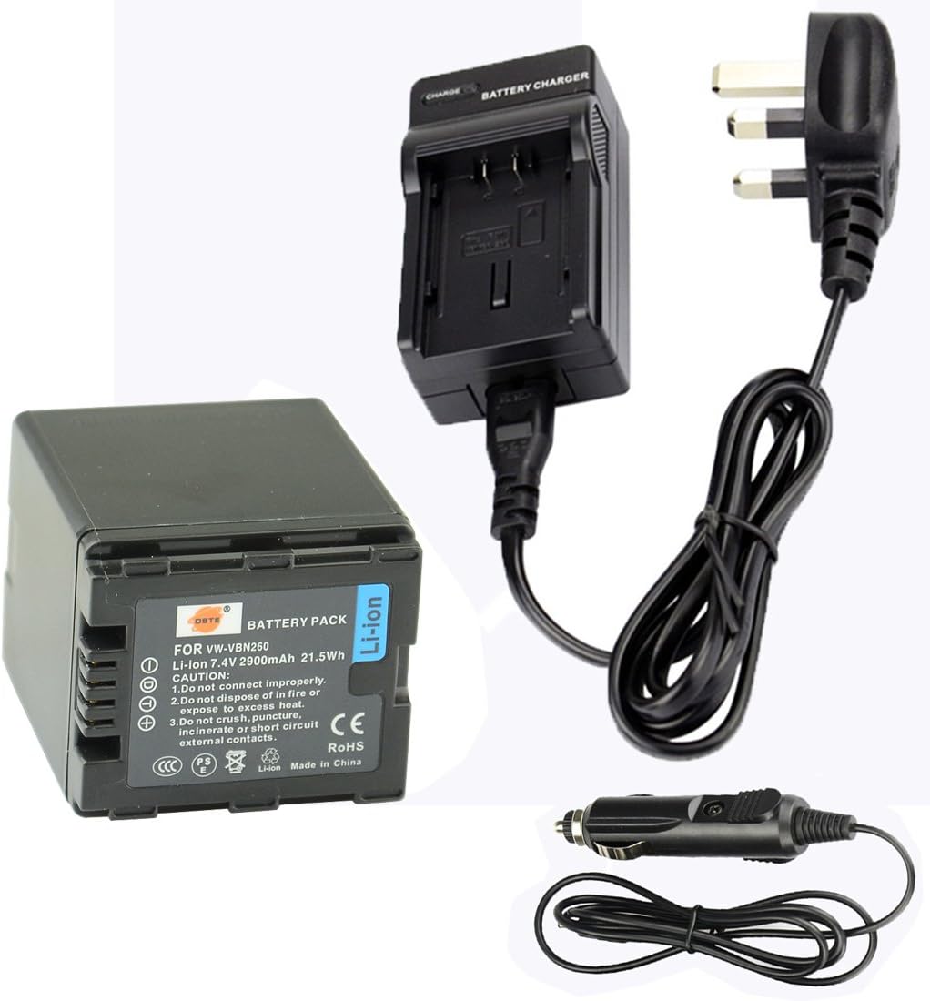 DSTE VBN260 Rechargeable Li-ion Battery + DC126U Travel and Car Charger Compatible for Panasonic Lumix HC-X910 HC-X920 HDC-HS900 HDC-SD800 HDC-SD900 HDC-TM900 Camera as VW-VBN260E-K VW-VBN260E