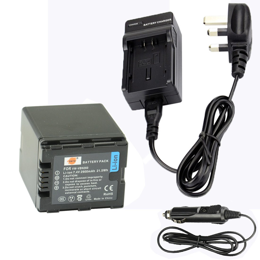 DSTE VBN260 Rechargeable Li-ion Battery + DC126U Travel and Car Charger Compatible for Panasonic Lumix HC-X910 HC-X920 HDC-HS900 HDC-SD800 HDC-SD900 HDC-TM900 Camera as VW-VBN260E-K VW-VBN260E