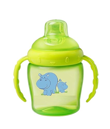 Urban Hub Hippo Sipper/Sippy Cup 225ml, Anti-Spill Design with Soft Silicone Spout, 6m+ (Green)