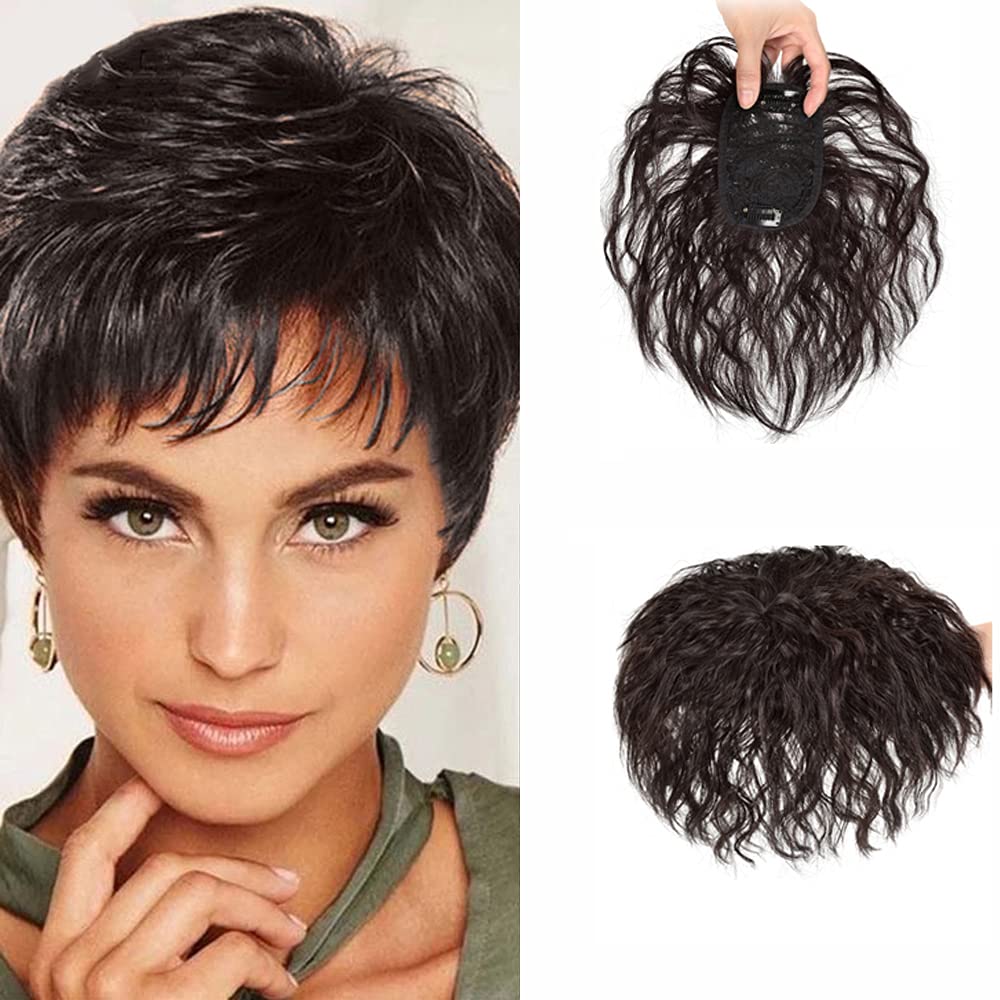 Human Hair Short Curly Toppers Clip In Crown Hairpiece Nature Look Wiglet Top Closure for Women Cover White Thin Hair by Remeehi 6" in Length Machine-made 7 * 10cm Dark Redish Brown