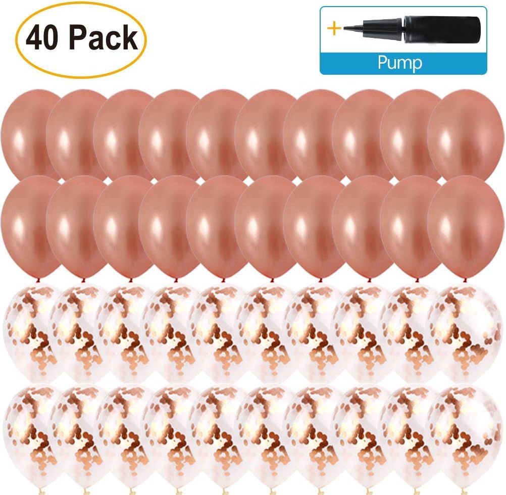 Pack of 40 Balloons with Pump | Includes 20 Rose Gold and 20 Metallic Confetti Pre-Filled Clear 12inch Balloon| Party Supplies and Decorations | for Birthday, Engagement, Bridal Shower (12inc)