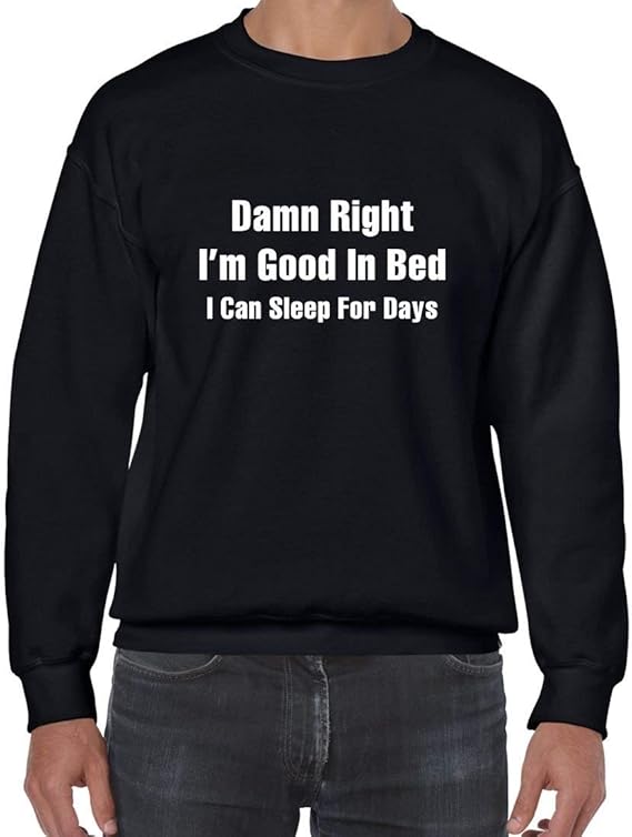 Suéter con texto en inglés "I'm Good in Bed", Multicolor, Large Amazon
