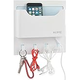 Bedside Shelf Wall Mounted Dorm Room Rack Organizer Storage with Small Hooks - Use for Bedroom,Entryway to Organize Headphone,Remotes,Glass,Cellphones(Horizontal Type/White)