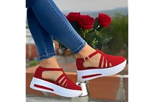 DHEVA-C Espadrilles Sandals for Women Casual Summer Rhinestone Glitter Flatform Sandal Ankle Strap Buckle Crystal Platform Sandals Strappy Open Toe Wedge Sandals Sparkling Round Toe Outdoor (#A-Red, 7)