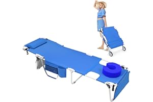 MINNDUDU Wheel-To-Go Oversized Heavy Duty Tanning Chair with Face Hole Softer Padded Adjustable Washable, Folding Lounge Sun Chair for Outside Sunbathing Reading Pool Lawn, Lay Flat Beach Chair with Wheels