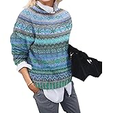 Women's Boho Fair Isle Pattern Long Sleeve Crewneck Sweater Lightweight Cozy Fall Winter Knitwear Pullover Tops