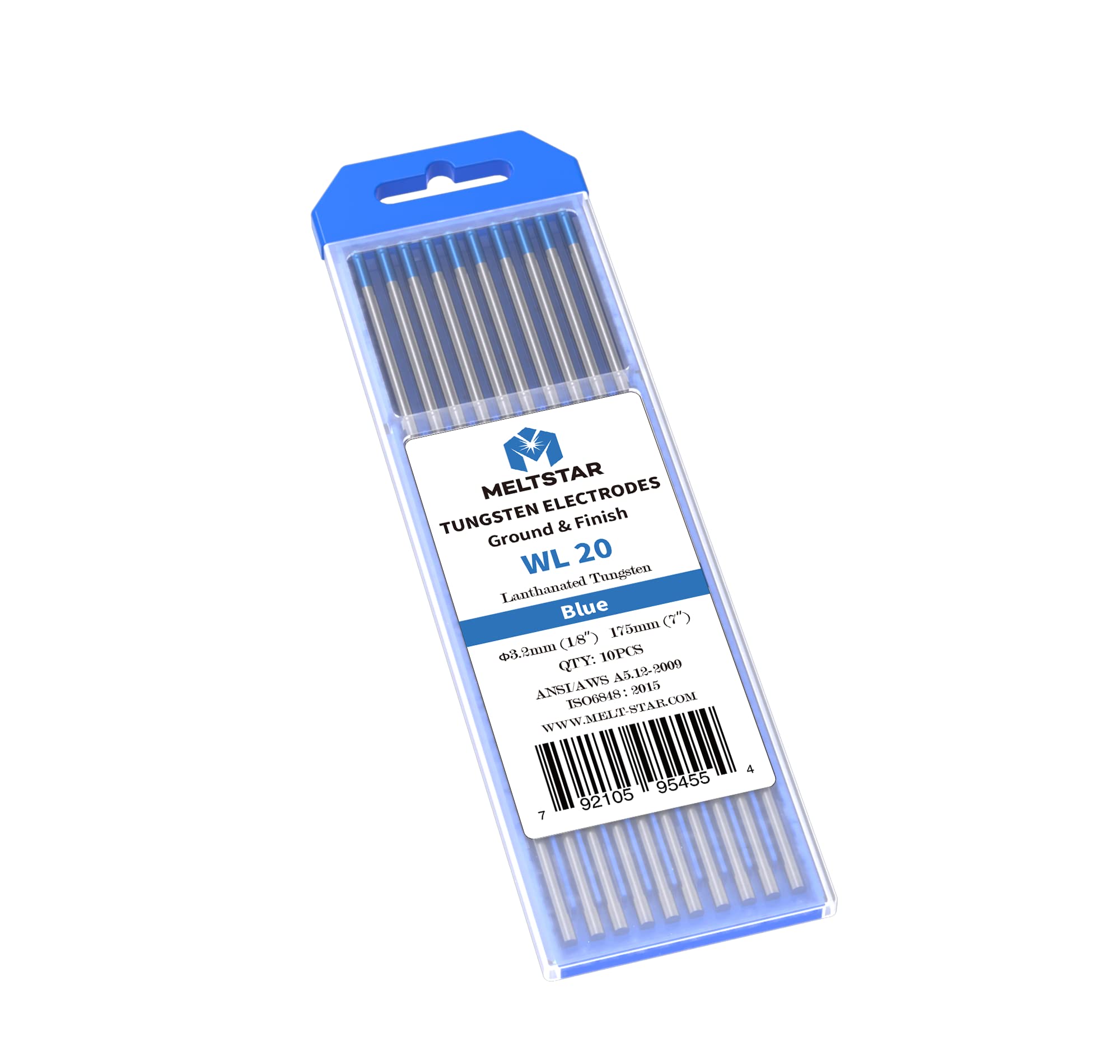 Meltstar TIG Welding Tungsten Electrodes 2% Lanthanated Tungsten 1/8” x 7” (Bule, WL20) 10-Pack