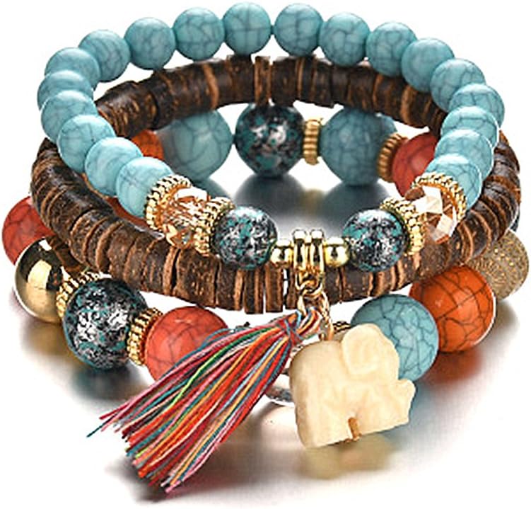 SanMeader 3PCS Bohemia Stretch Bracelets Baby Elephant Chain Fringed Wooden Bangles Multi-Layer Bangle Boho Vintage Jewelry for Women Girls