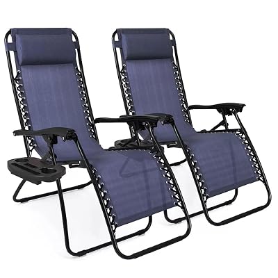 EZONE Zero Gravity Lounge Chairs Outdoor Adjustable Reclining Patio Chair Steel Mesh Folding Recliner for Pool Beach Camping Lounge Chair with Pillows and Cup Tray (2, Navy Blue)
