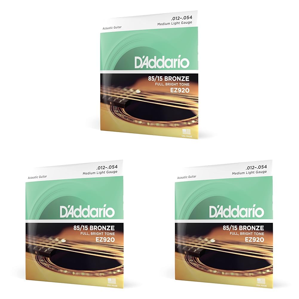 D'Addario Guitar Strings - Acoustic Guitar Strings - 85/15 Bronze - For 6 String Guitar - Full, Bright Tone - EZ920 - Medium Light, 12-54 (Pack of 3)