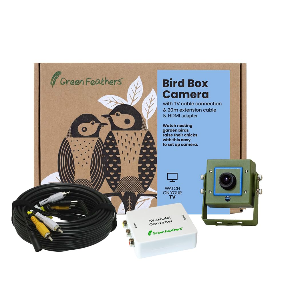 Green Feathers Wired Outdoor Birdbox and Wildlife Camera, 700TVL Night Vision Camera for Birdbox, Hedgehog House & Wildlife- Camera, 20m Cable & HDMI Adapter
