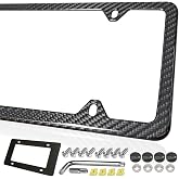 FBJTDQ Carbon Fiber License Plate Frame, Real Carbon Fiber Car Tag Holder | Stainless Steel, 4 Hole Slim Design, Anti-Theft Screws Caps, Rattle-Proof Pad, 1 Pack