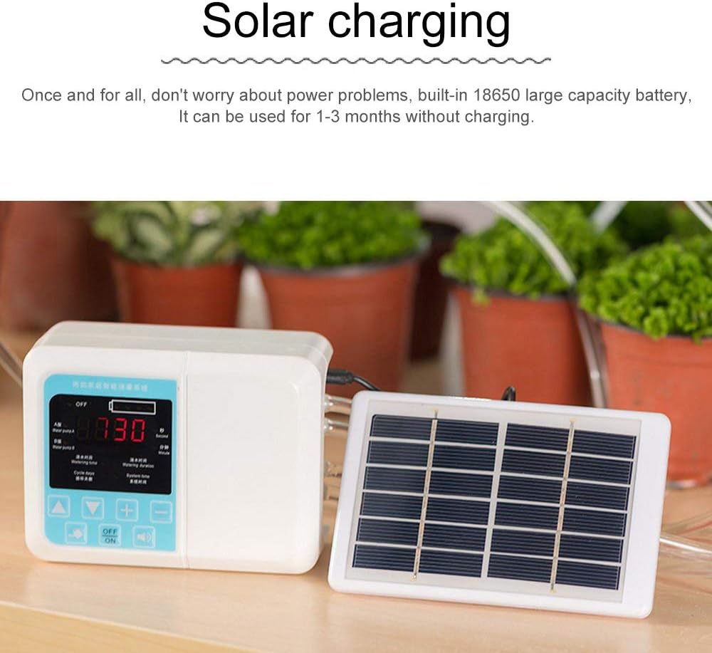 Jiaboyu Solar Watering Device,DIY Automatic Drip Irrigation Kit, Intelligent Solar Energy Charging Potted Plant Drip Irrigation Water Pump Timer System Double Pump 1