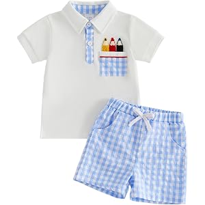 Kavousa Toddler Boy School Kindergarten Pre K Outfit Crew Neck Short Sleeve Top and Shorts Set Baby Summer Clothes