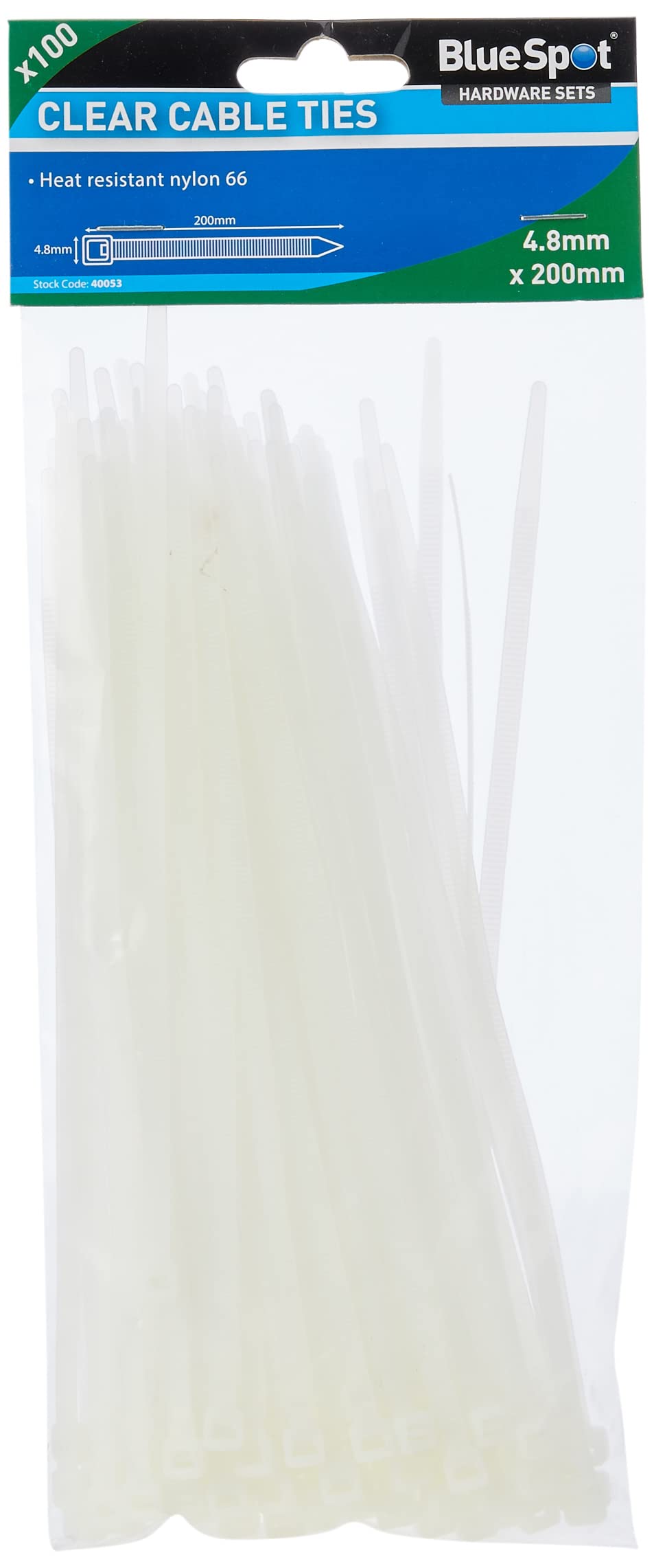 Blue Spot 40053 4.8 x 200 mm Cable Ties - Clear (100-Piece)