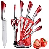 Knife Set, 9-Piece Kitchen Knife Set with Sharpener,Scissors, Dishwasher Safe Non Stick Sharp Stainless Steel Chef Knife Block Set with Acrylic bracket for Kitchen (Gradient Red)