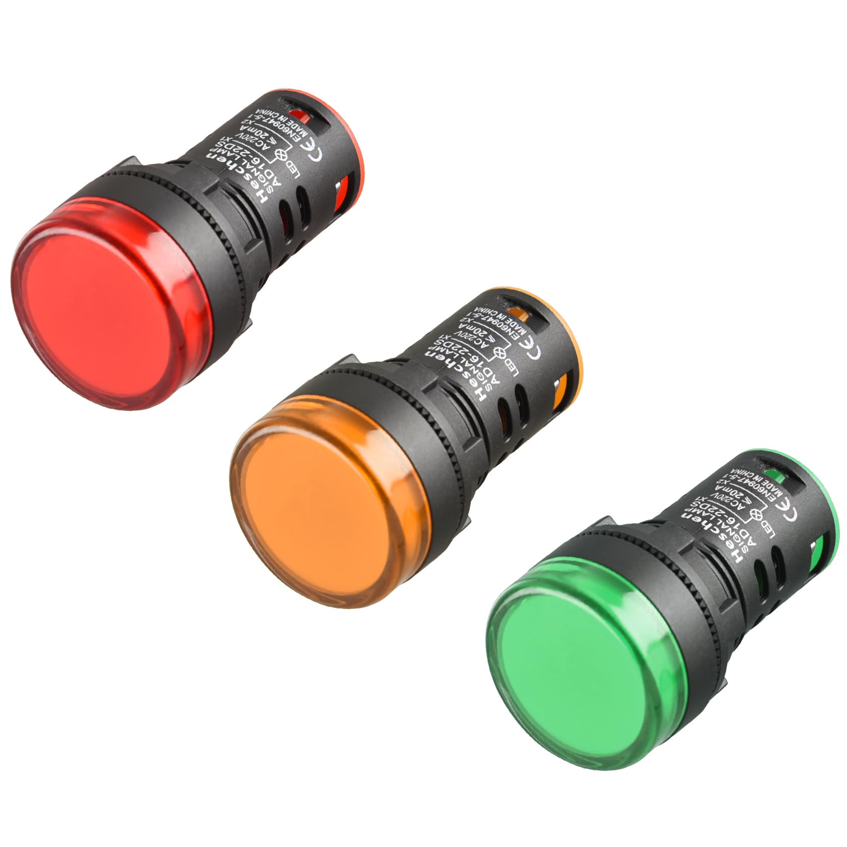 Heschen 22mm LED Indicator Pilot Light, AD16-22D/S, 220VAC 20mA, Red Green Yellow Light Colour, 3Pack