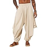 PASLTER Mens Harem Pants Linen Yoga Beach Baggy Summer Boho Aladdin Genie Pants