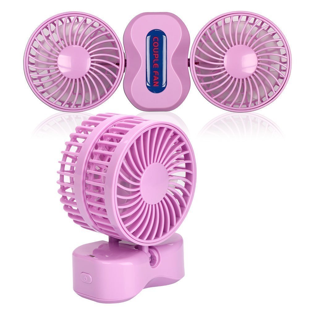 DinoPure Quiet Couples Mini Fan Portable Dual Head USB Rechargeable Foldable 180 Degree Rotation Desktop 3 Adjustable Speed Small Fan with LED Light (purple)