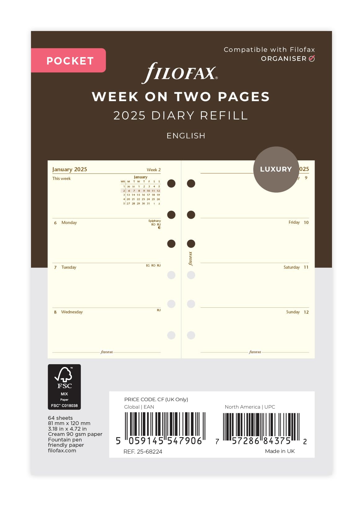 Pocket Week on two pages cotton cream English 2025