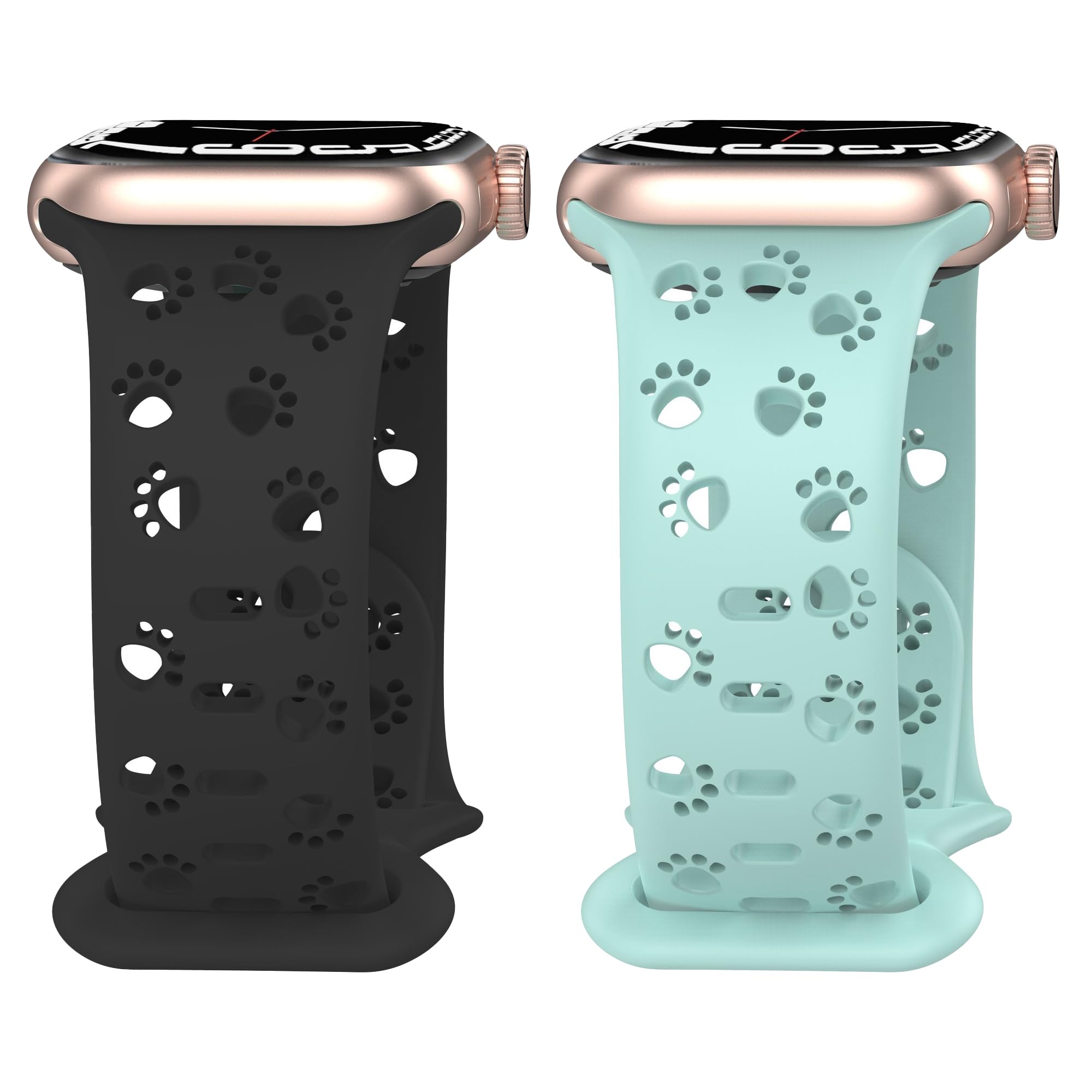 SUTQIGUI 2 Pack Silicone Black and Light Green Bands Compatible with Apple Watch Band 42mm 44mm 45mm 49mm Women, Hollow-Out Dog Paw Design Sport Strap for iWatch Ultra SE Series 9/8/7/6/5/4/3/2/1 Men