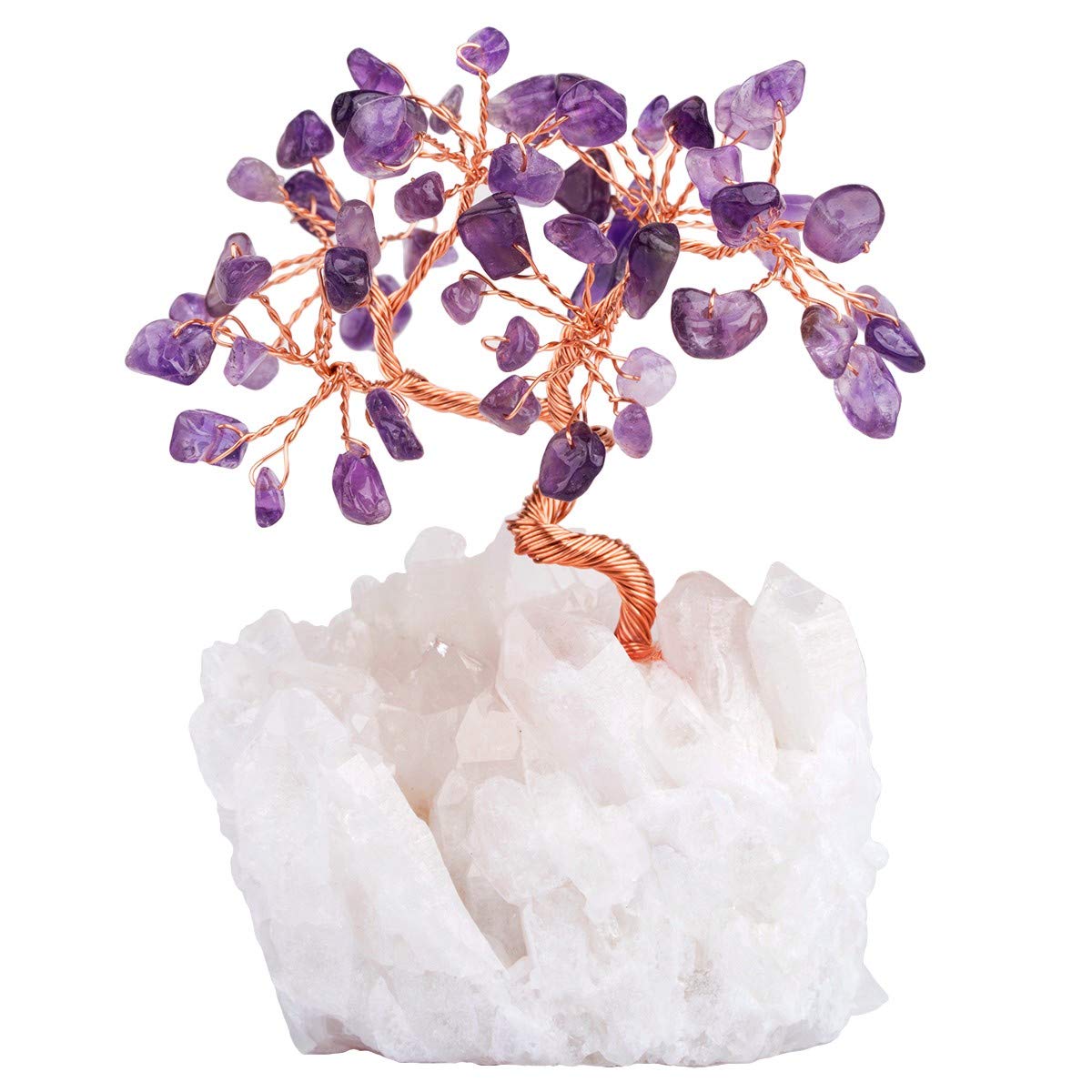 mookaitedecor Natural Amethyst Crystal Bonsai Money Tree Ornament, Healing Crystal Gift, Clear Quartz Crystal Cluster Base Tree of Life Feng Shui Ornament for Home Office Lucky Stone Tree